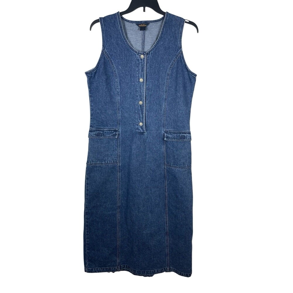 VTG 90s Woolrich Denim Jumper Dress Women’s L Blue Button Front Midi USA Made